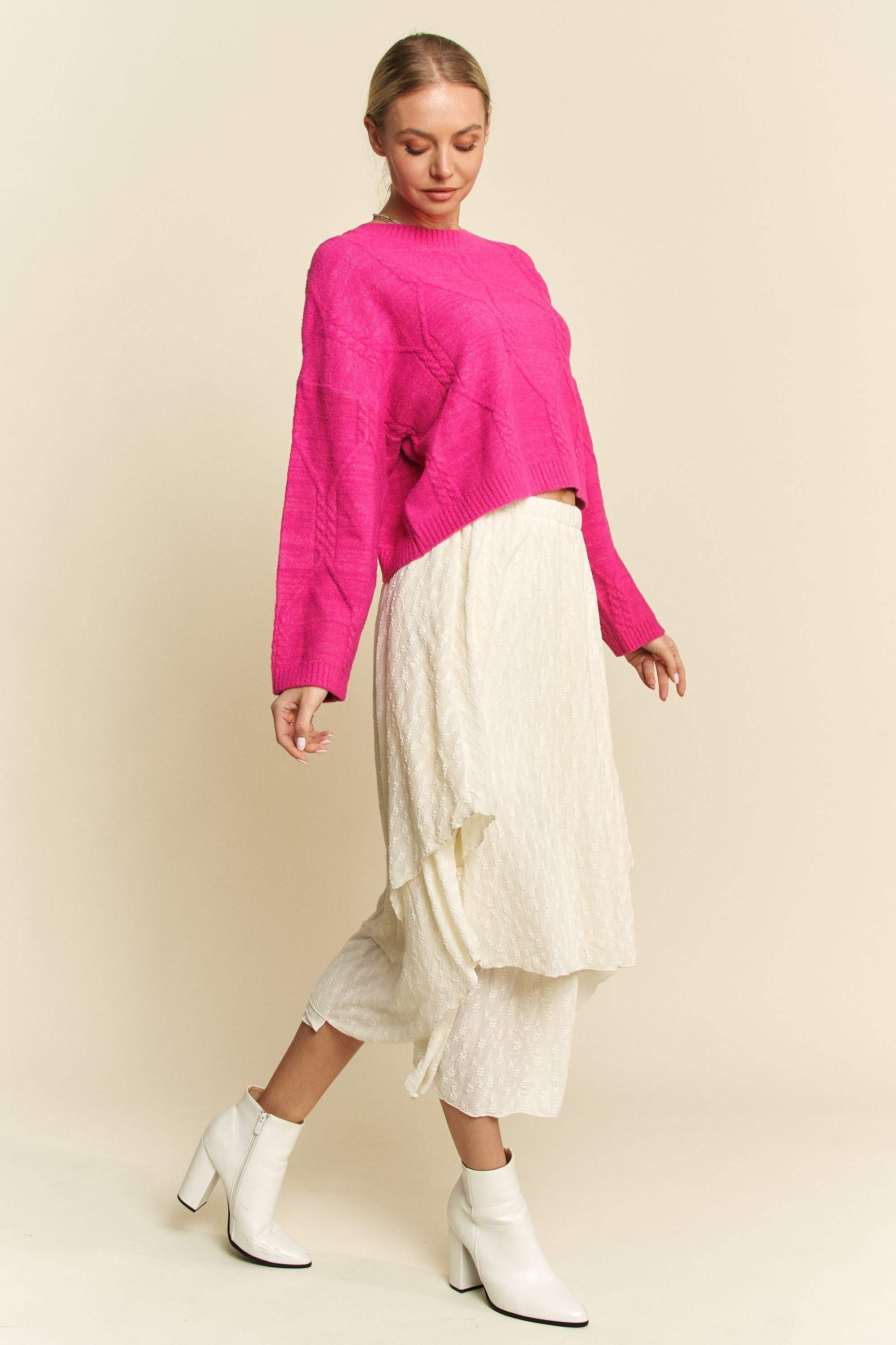 Davi & Dani Diamond Cable Pattern Drop Shoulder Sweater - Trendsi - Flyclothing LLC