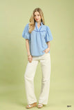 Umgee Puff Sleeve Eyelet Mix Top with Contrast Piping - Trendsi - Flyclothing LLC