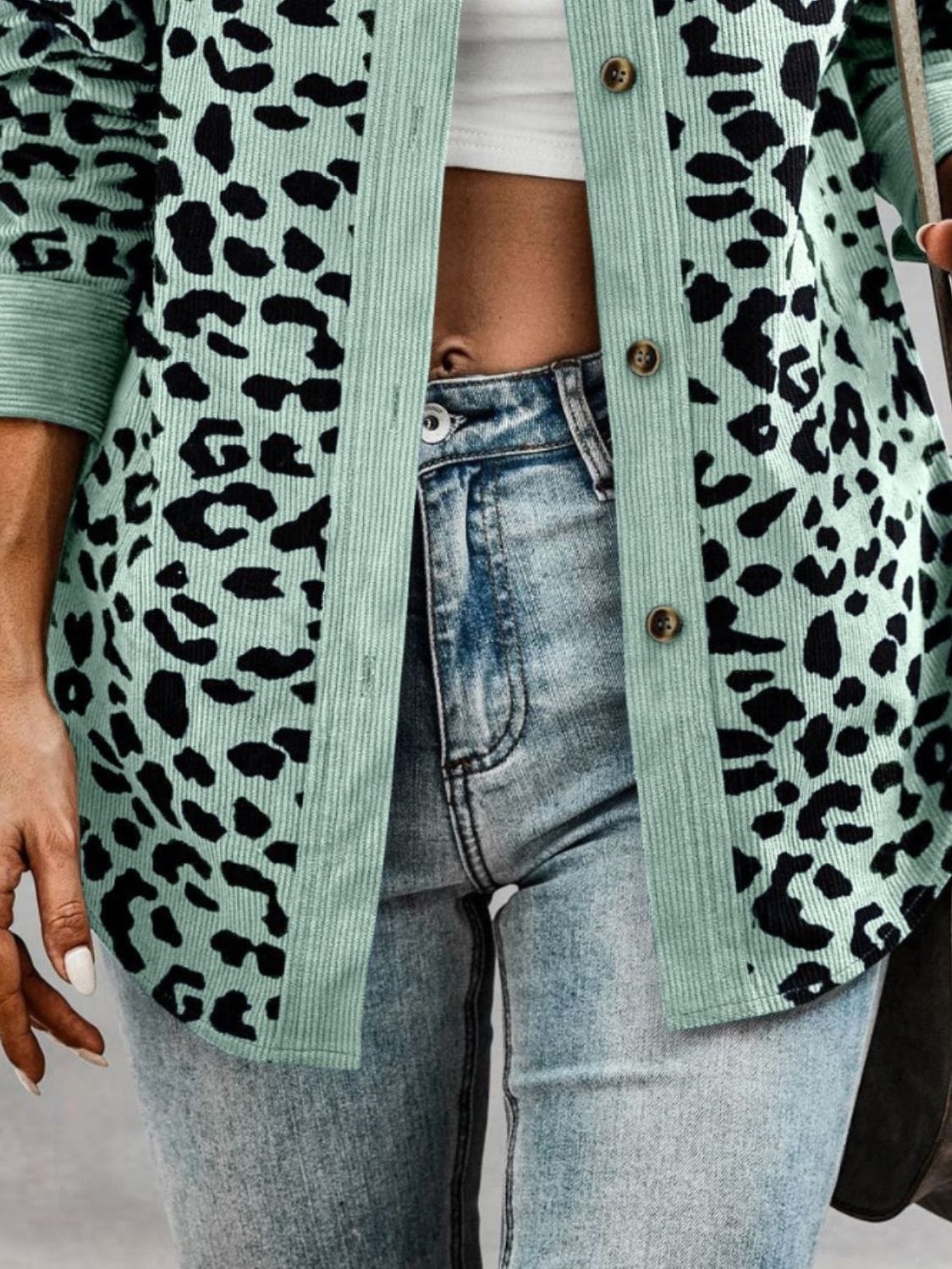 Full Size Leopard Collared Neck Button Up Long Sleeve Jacket - Trendsi