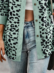 Full Size Leopard Collared Neck Button Up Long Sleeve Jacket - Trendsi