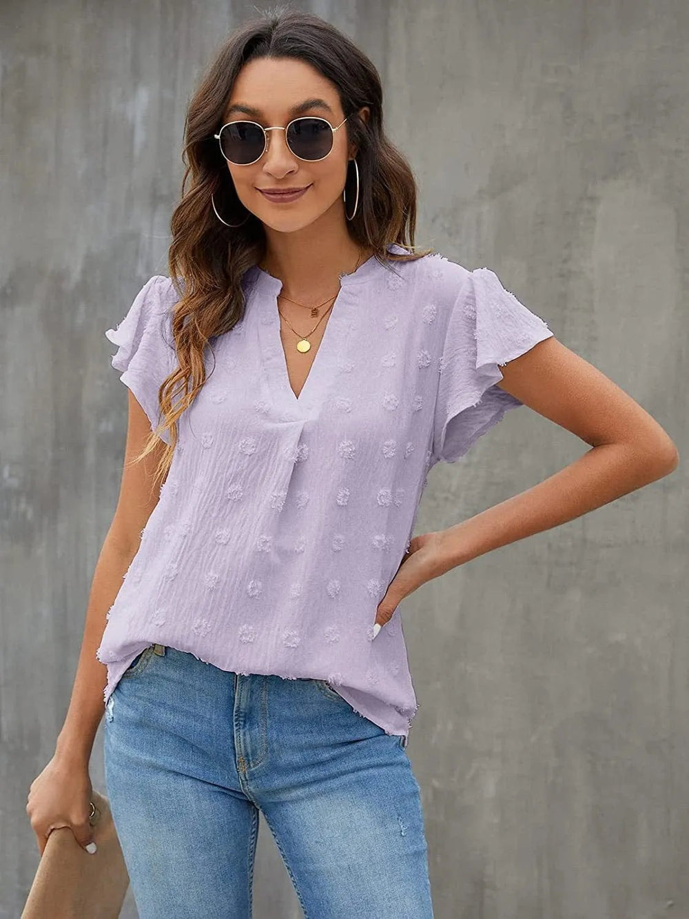 Swiss Dot Notched Flutter Sleeve Blouse - Trendsi