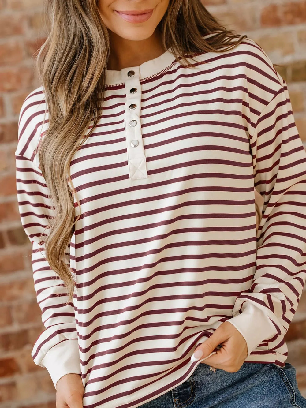 Striped Drop Shoulder Long Sleeve Henley Top - Trendsi - Flyclothing LLC