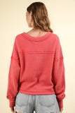 VERY J Exposed Seam V-Neck Ribbed Knit Top - Trendsi