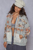 POL Zip Up Floral and Lace Patch Washed Denim Jacket - Trendsi