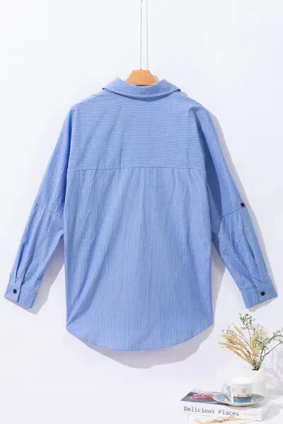 Striped Collared Neck Long Sleeve Shirt - Trendsi - Flyclothing LLC