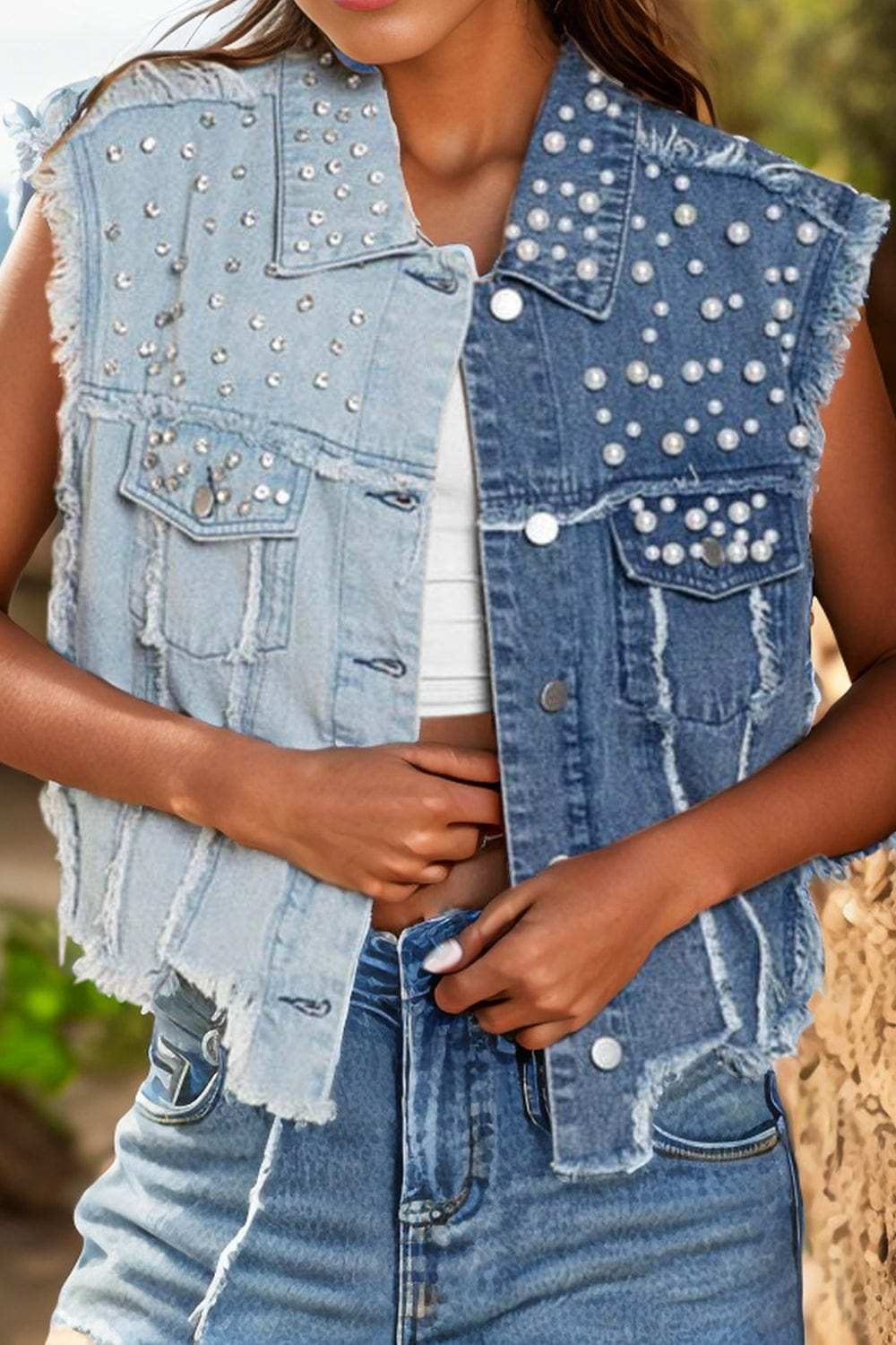 Pearl Raw Hem Sleeveless Denim Jacket - Trendsi - Flyclothing LLC