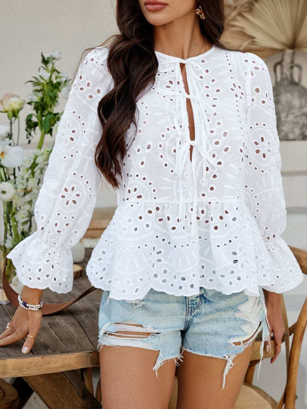 Devine Tie Front Flounce Sleeve Peplum Blouse - Trendsi - Flyclothing LLC