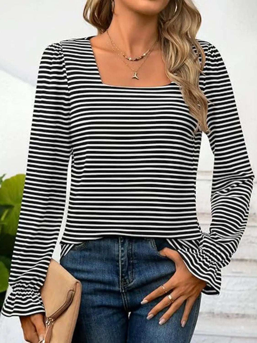 Striped Square Neck Flounce Sleeve Top - Trendsi - Flyclothing LLC