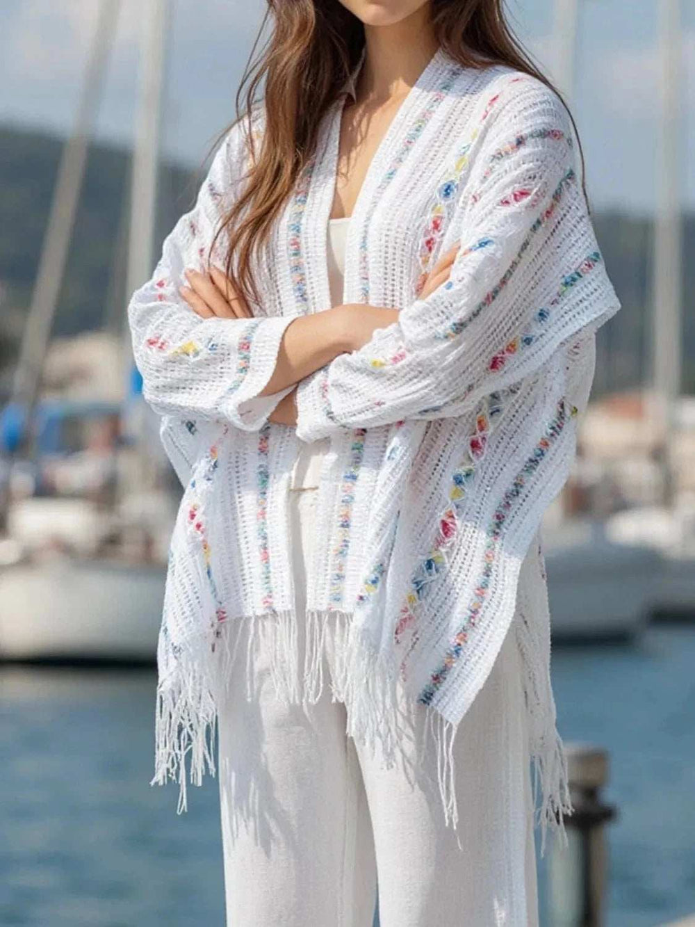 Openwork Fringe Open Front Knit Cape - Trendsi - Flyclothing LLC