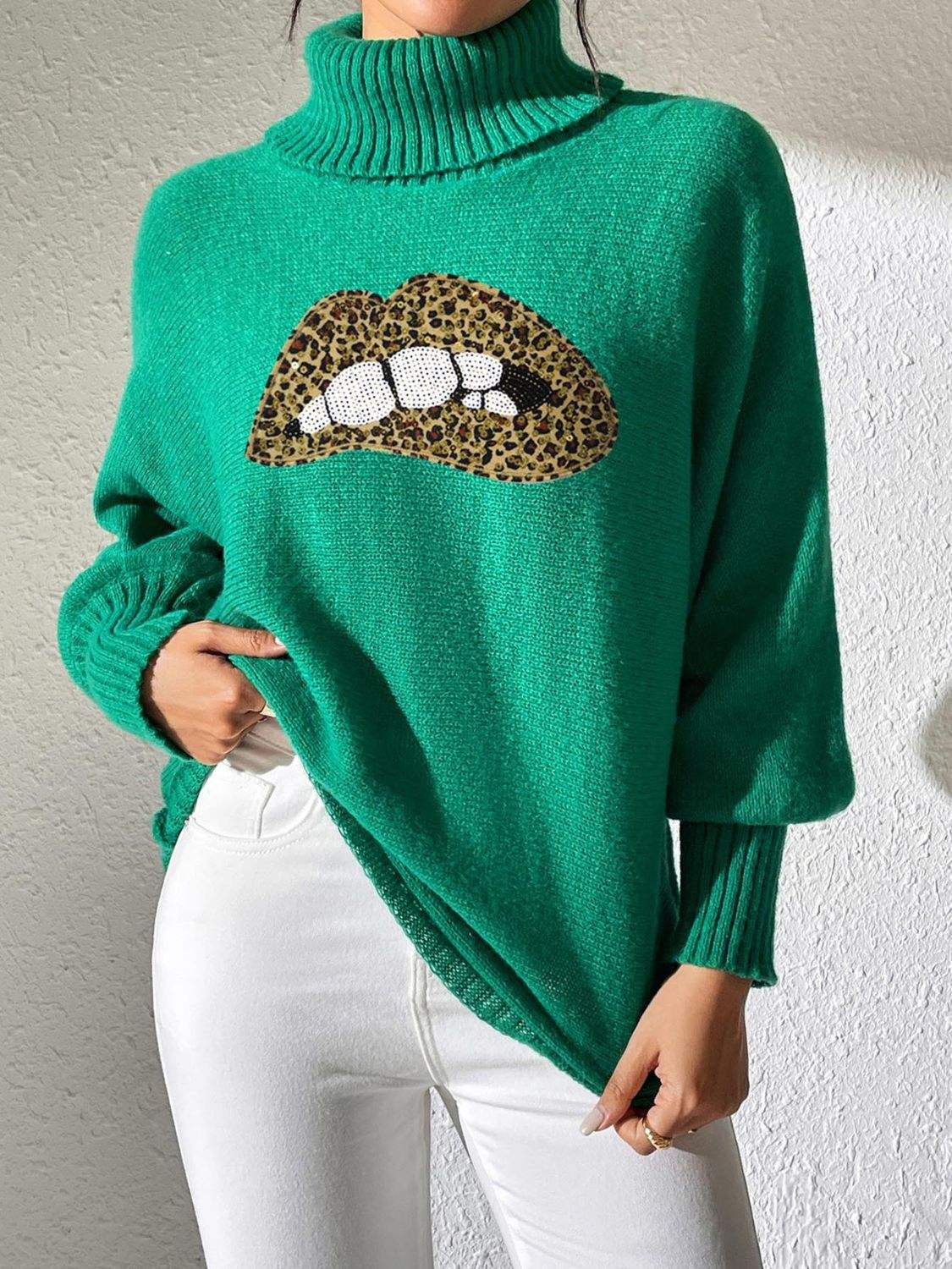 Lip Turtleneck Long Sleeve Sweater - Trendsi - Flyclothing LLC