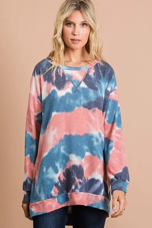 BiBi Tie Dye French Terry Pull Over with Front Stitching Detail - Trendsi - Flyclothing LLC