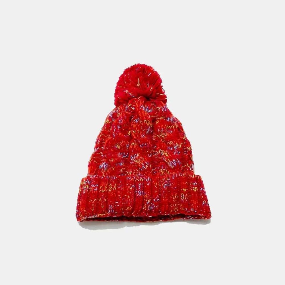 Contrast Cable-Knit Hat with Pompom - Trendsi - Flyclothing LLC