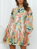Printed Mock Neck Balloon Sleeve Mini Dress - Trendsi