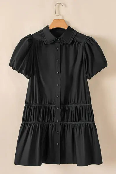 Button Down Puff Sleeve Ruffle Hem Dress - Trendsi - Flyclothing LLC