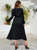 V-Neck Long Sleeve Pleated Dress - Trendsi - Flyclothing LLC