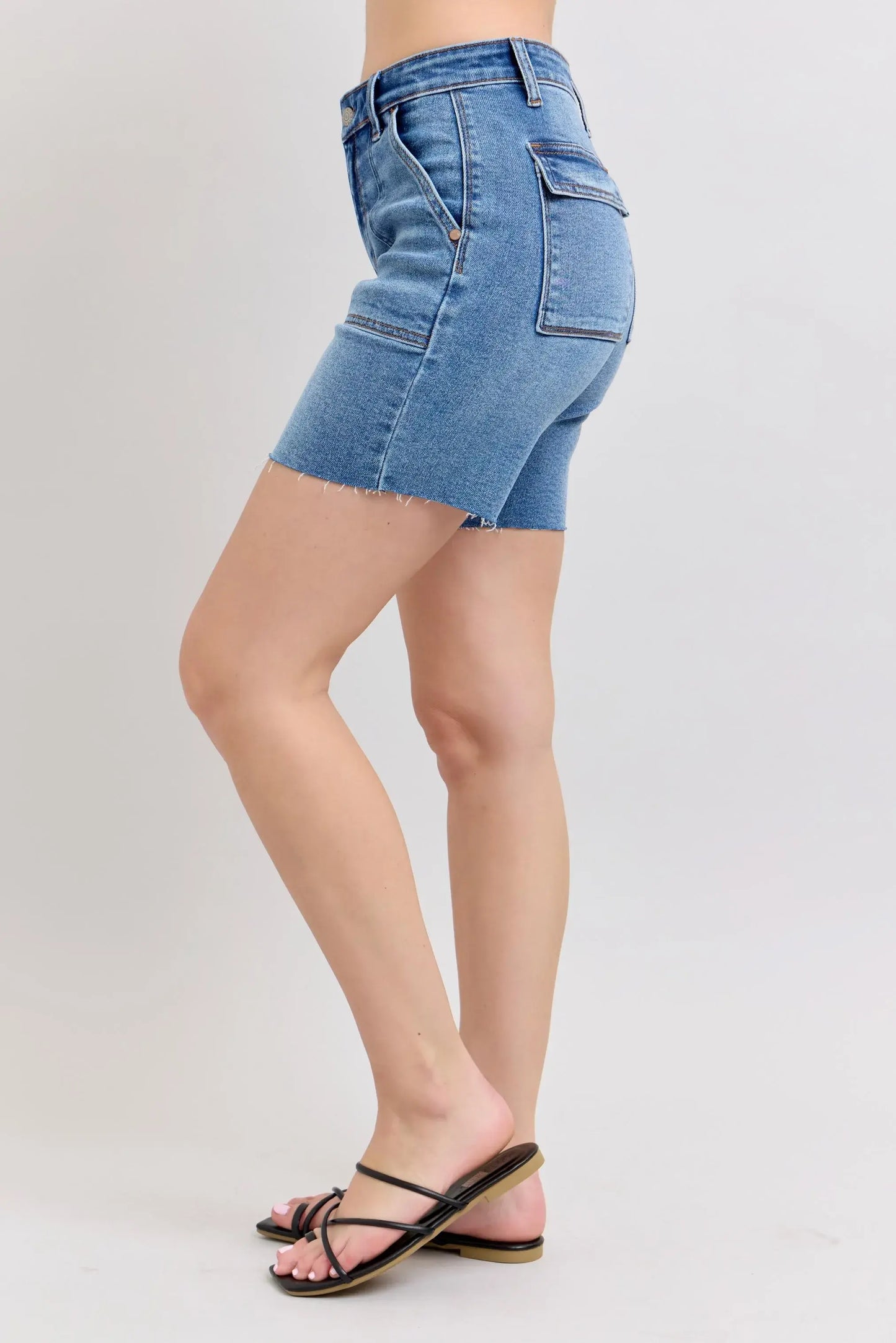 Judy Blue Full Size Mid Rise Bermudas Denim Shorts W/ Back Flap Pockets Plus Size - Trendsi - Flyclothing LLC