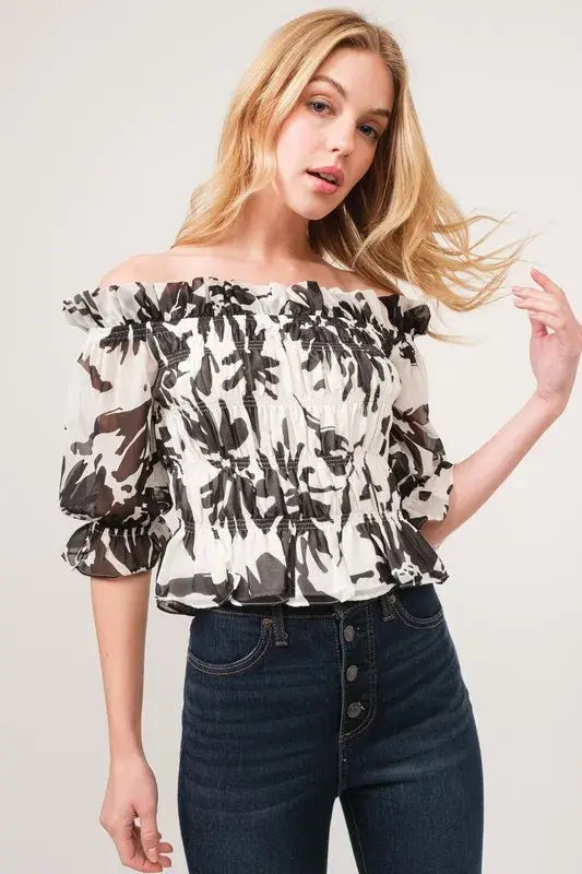 And The Why Smocked Off-Shoulder Floral Printed Top - Trendsi - Flyclothing LLC
