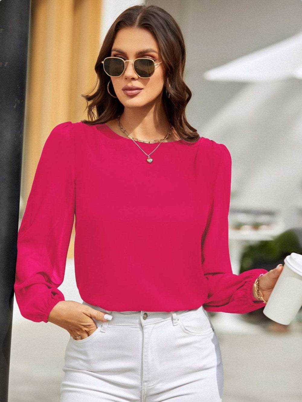 Round Neck Long Sleeve Blouse - Trendsi - Flyclothing LLC