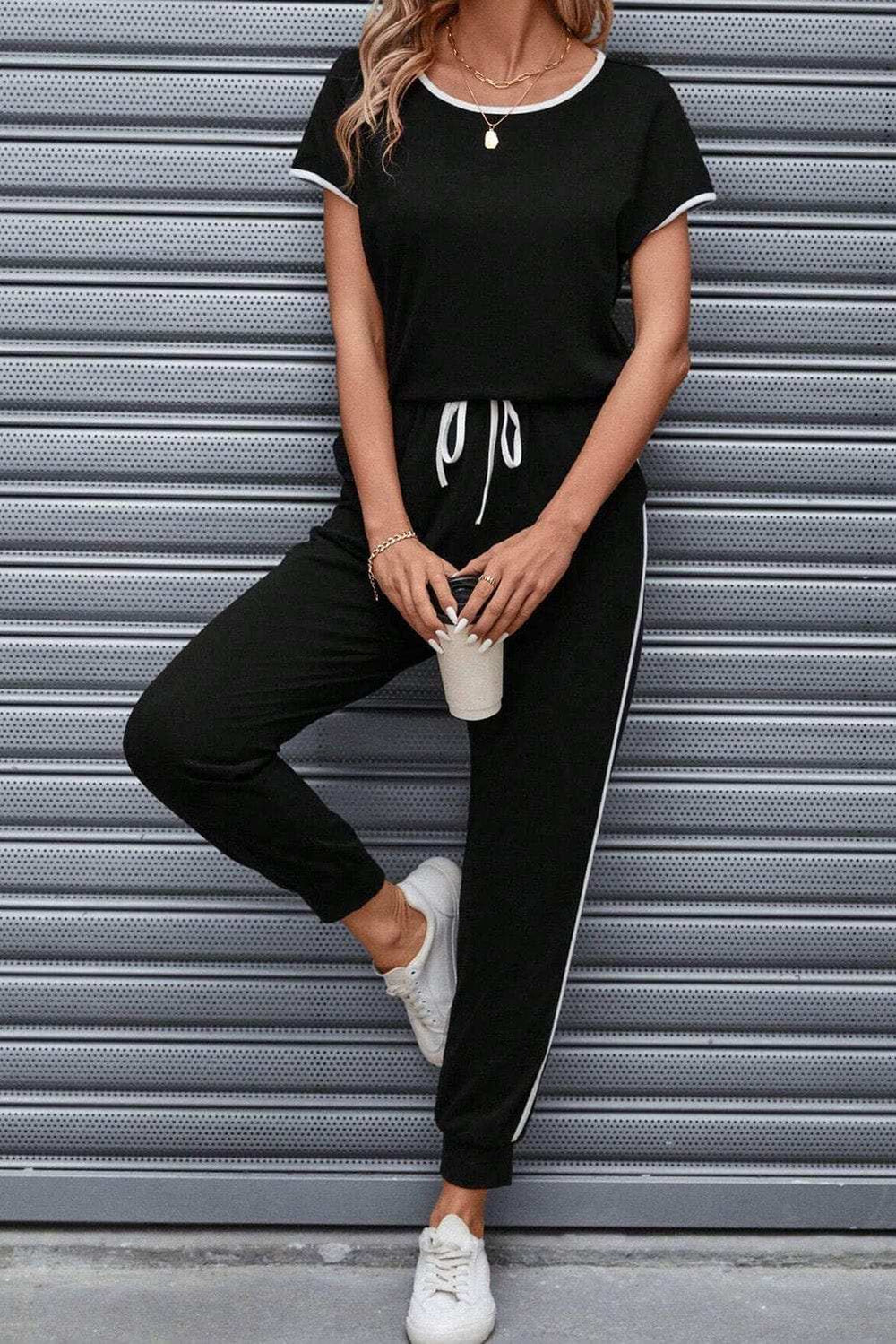 Contrast Trim Round Neck Top and Pants Set - Trendsi - Flyclothing LLC