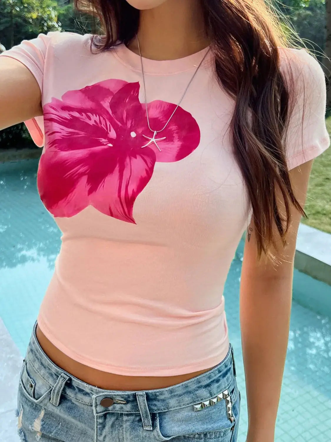 Devine Graphic Round Neck Short Sleeve T-Shirt - Trendsi - Flyclothing LLC