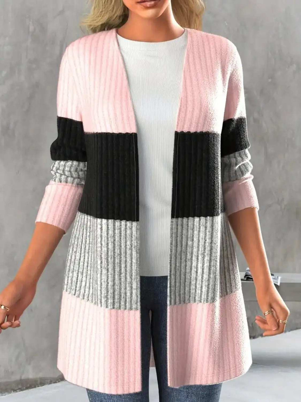 Color Block Open Front Long Sleeve Cardigan - Trendsi - Flyclothing LLC