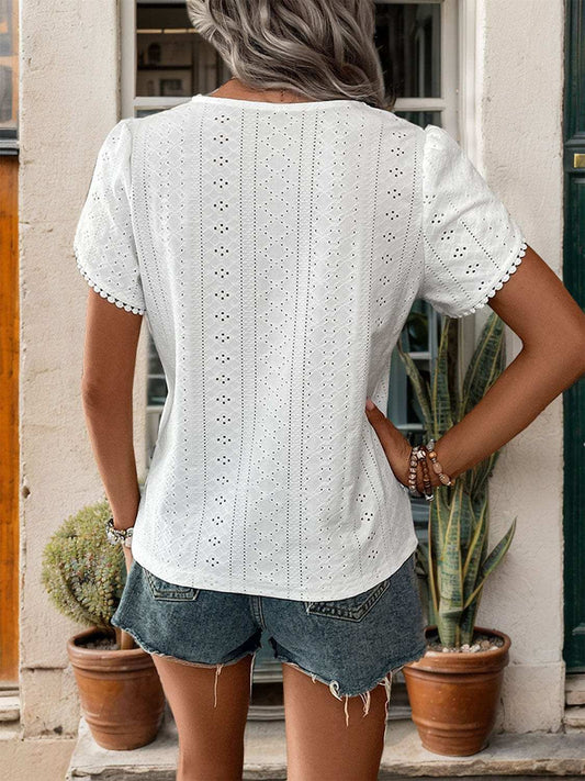Eyelet V-Neck Petal Sleeve Blouse - Trendsi - Flyclothing LLC