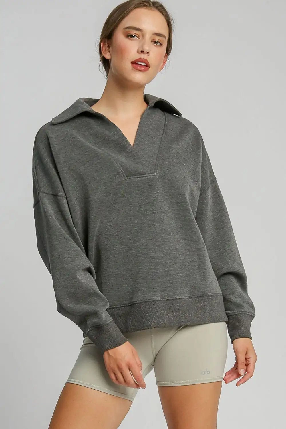 Umgee Johnny Collar Dropped Shoulder Sweatshirt - Trendsi