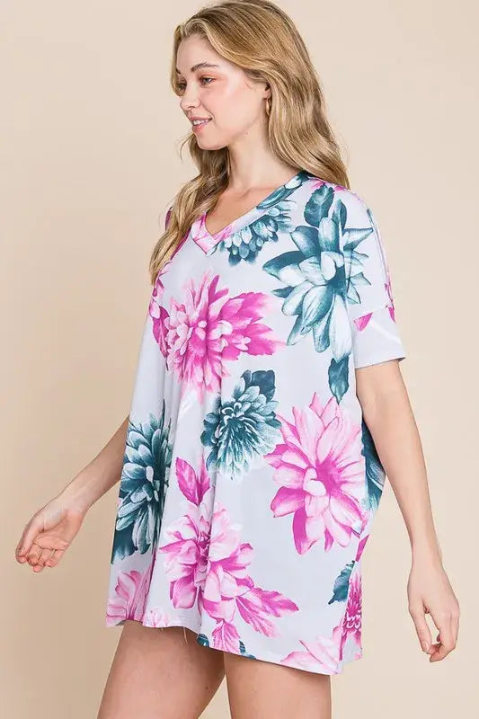 BOMBOM Floral V-Neck Short Sleeve T-Shirt - Trendsi - Flyclothing LLC