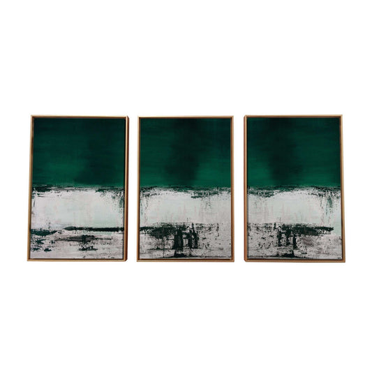 Set Of Three Three Piece Deep Green Black and White Abstract Canvas Wall Art Gold Floater Frame Print Wall Art - Homeroots - Flyclothing LLC