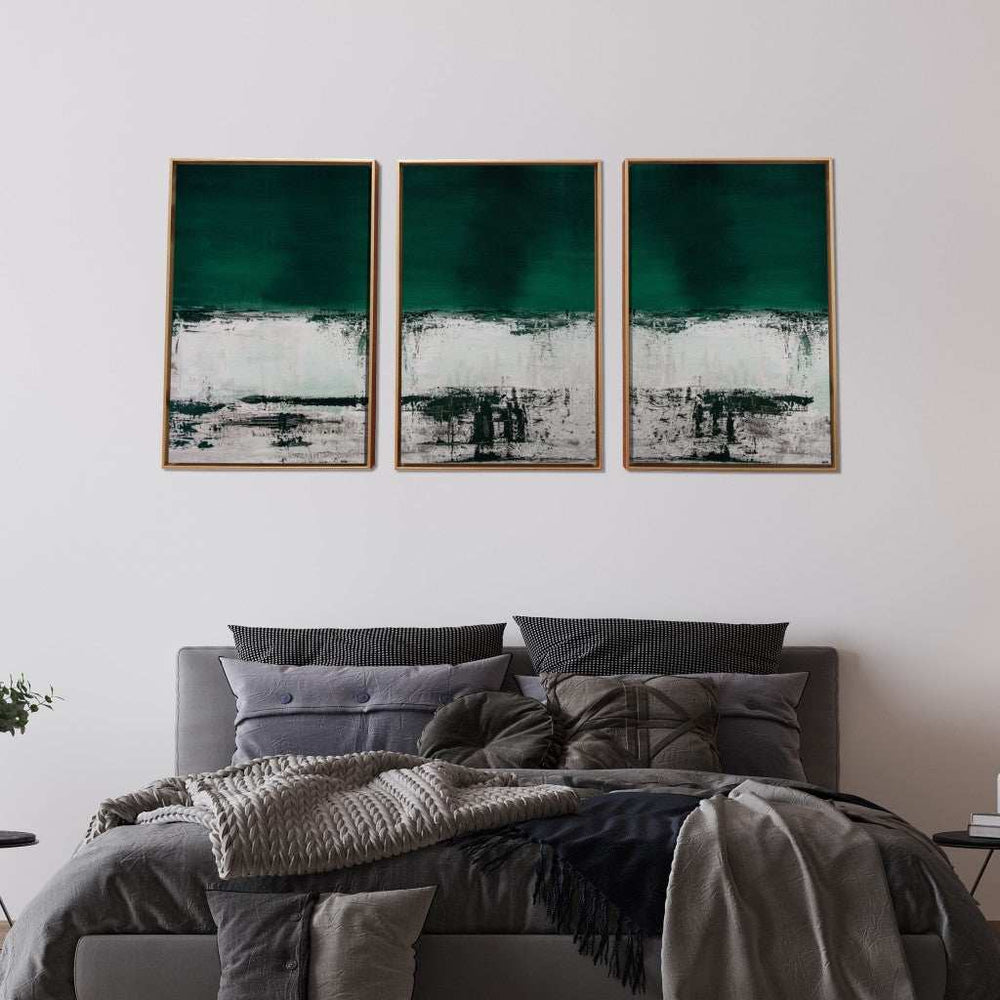 Set Of Three Three Piece Deep Green Black and White Abstract Canvas Wall Art Gold Floater Frame Print Wall Art - Homeroots - Flyclothing LLC