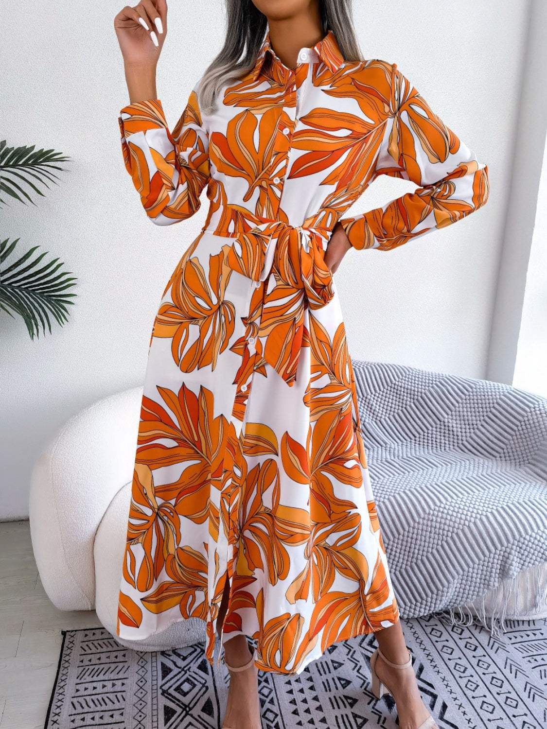 Tied Button Up Long Sleeve Dress - Trendsi - Flyclothing LLC