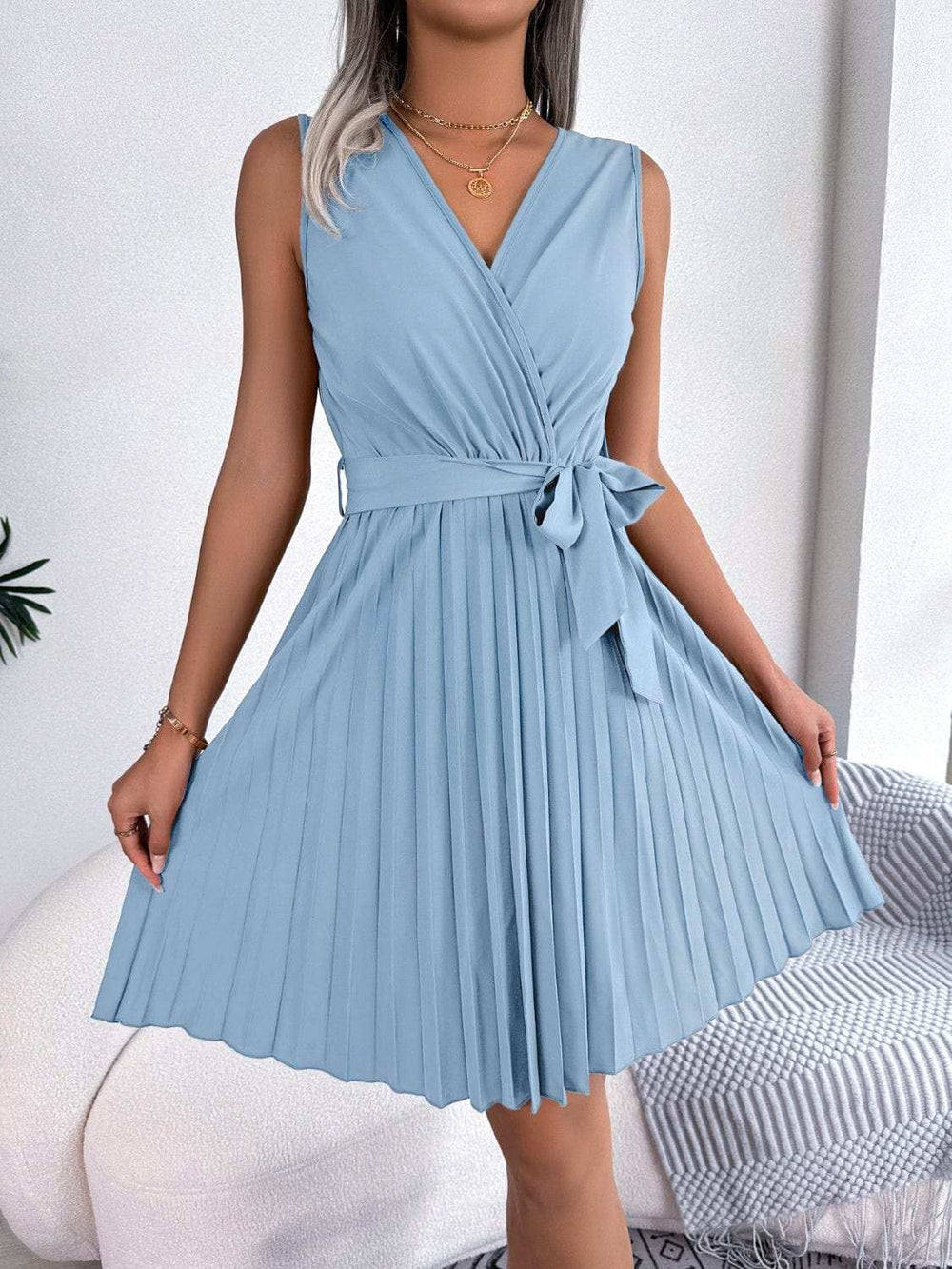 Tied Surplice Sleeveless Pleated Dress - Trendsi - Flyclothing LLC
