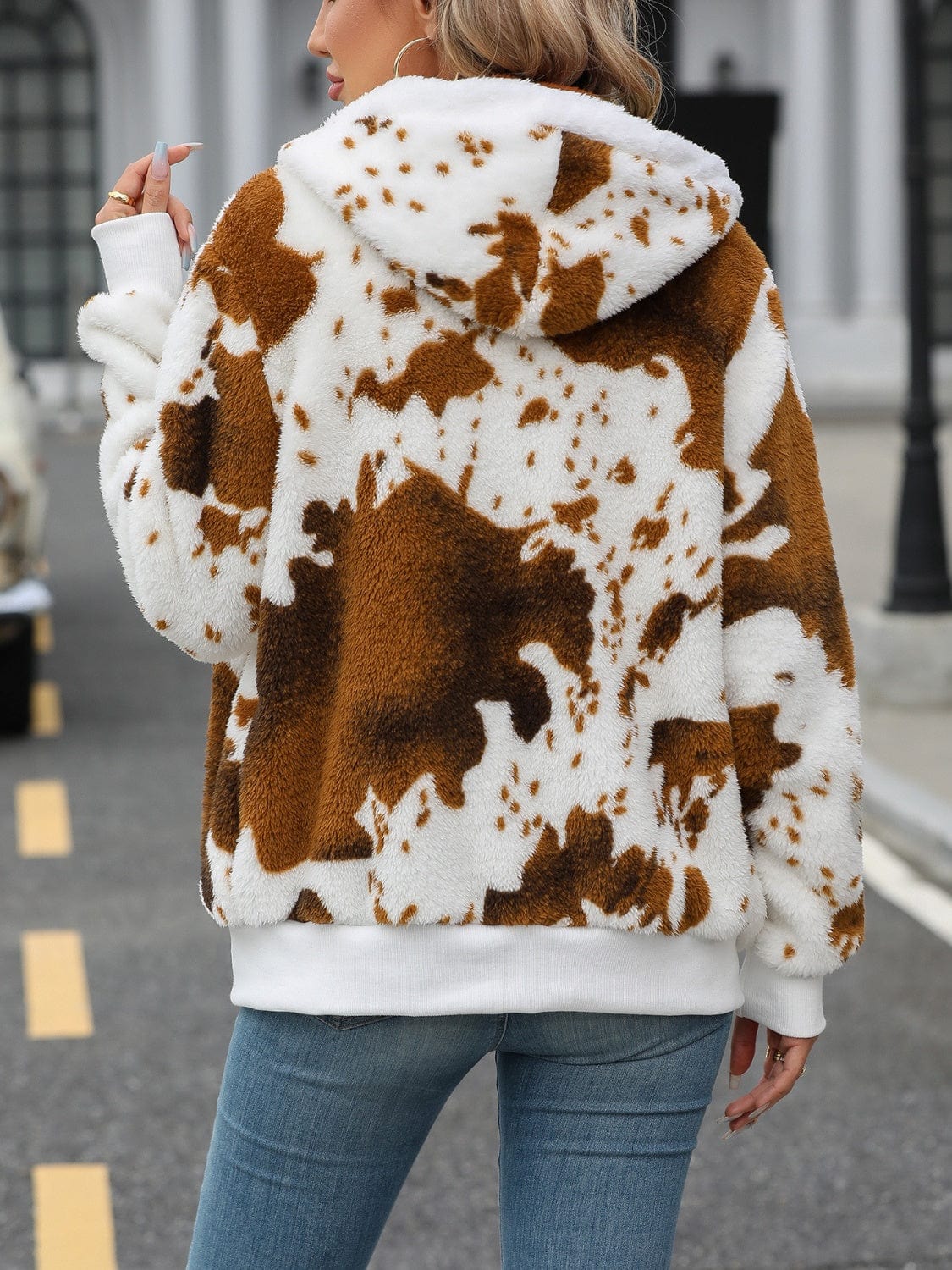 Fuzzy Drawstring Zip Up Hooded Jacket - Trendsi