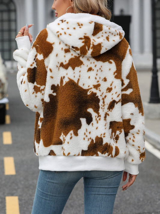Fuzzy Drawstring Zip Up Hooded Jacket - Trendsi