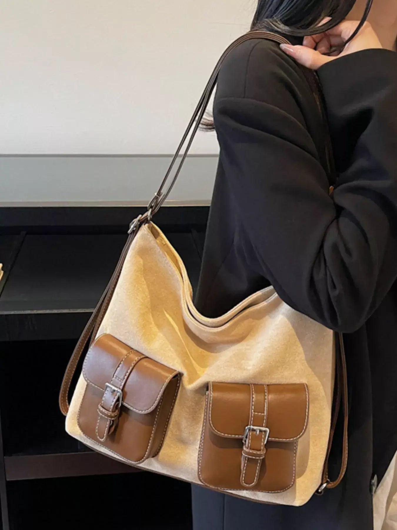 Buckle Pocket Shoulder Handbag - Trendsi - Flyclothing LLC