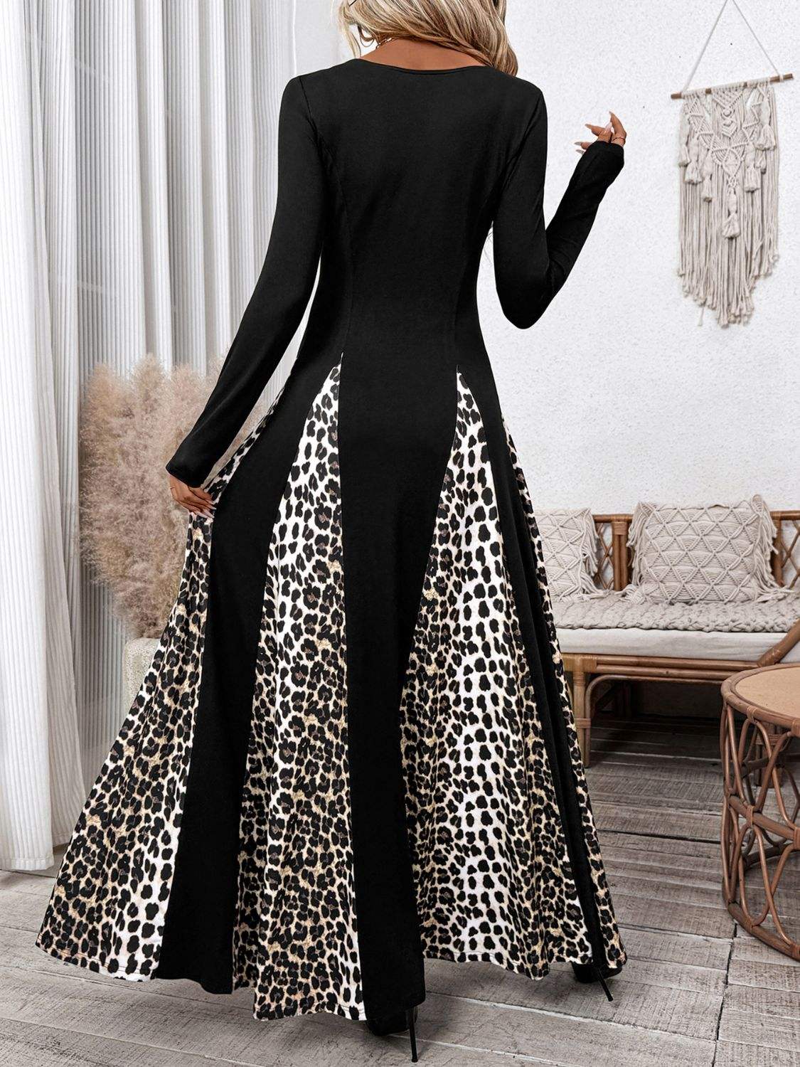 Perfee Leopard Square Neck Long Sleeve Maxi Dress - Trendsi - Flyclothing LLC