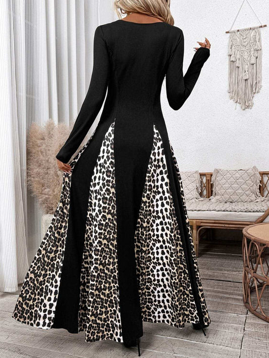 Perfee Leopard Square Neck Long Sleeve Maxi Dress - Trendsi - Flyclothing LLC