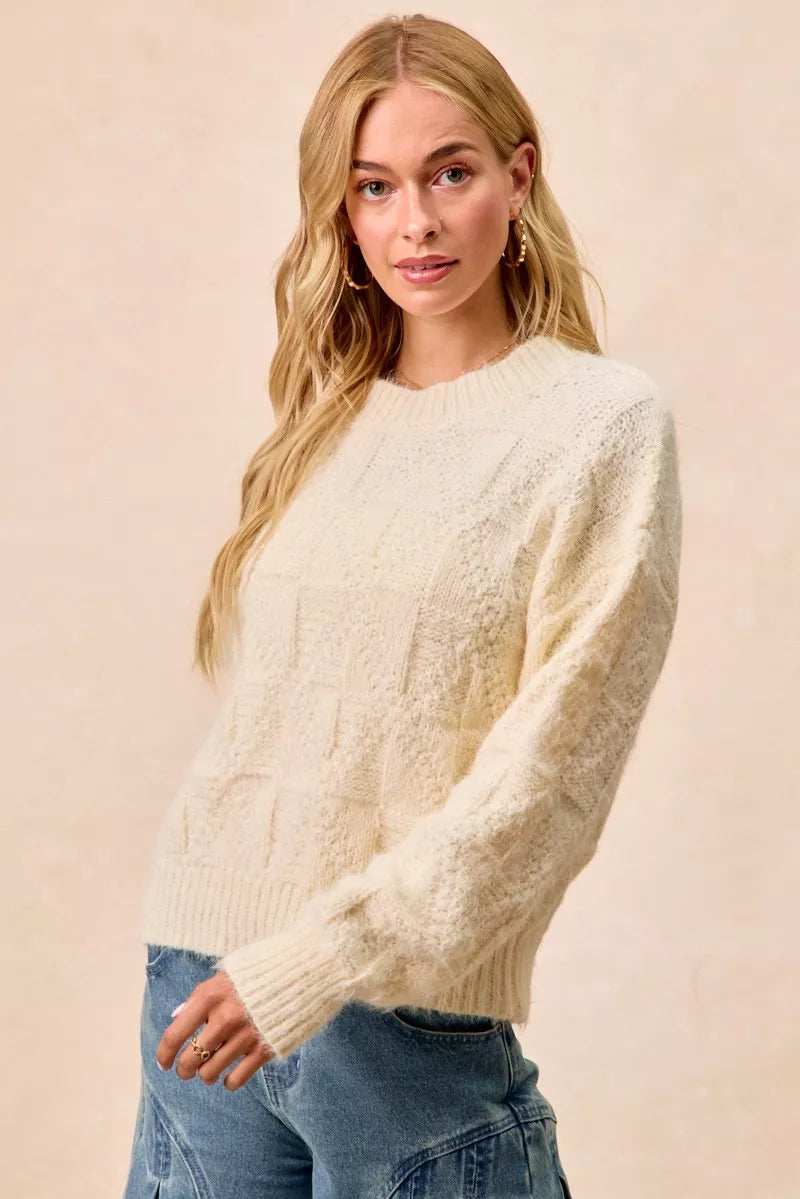 BiBi Checker Board Drop Shoulder Sweater - Trendsi - Flyclothing LLC