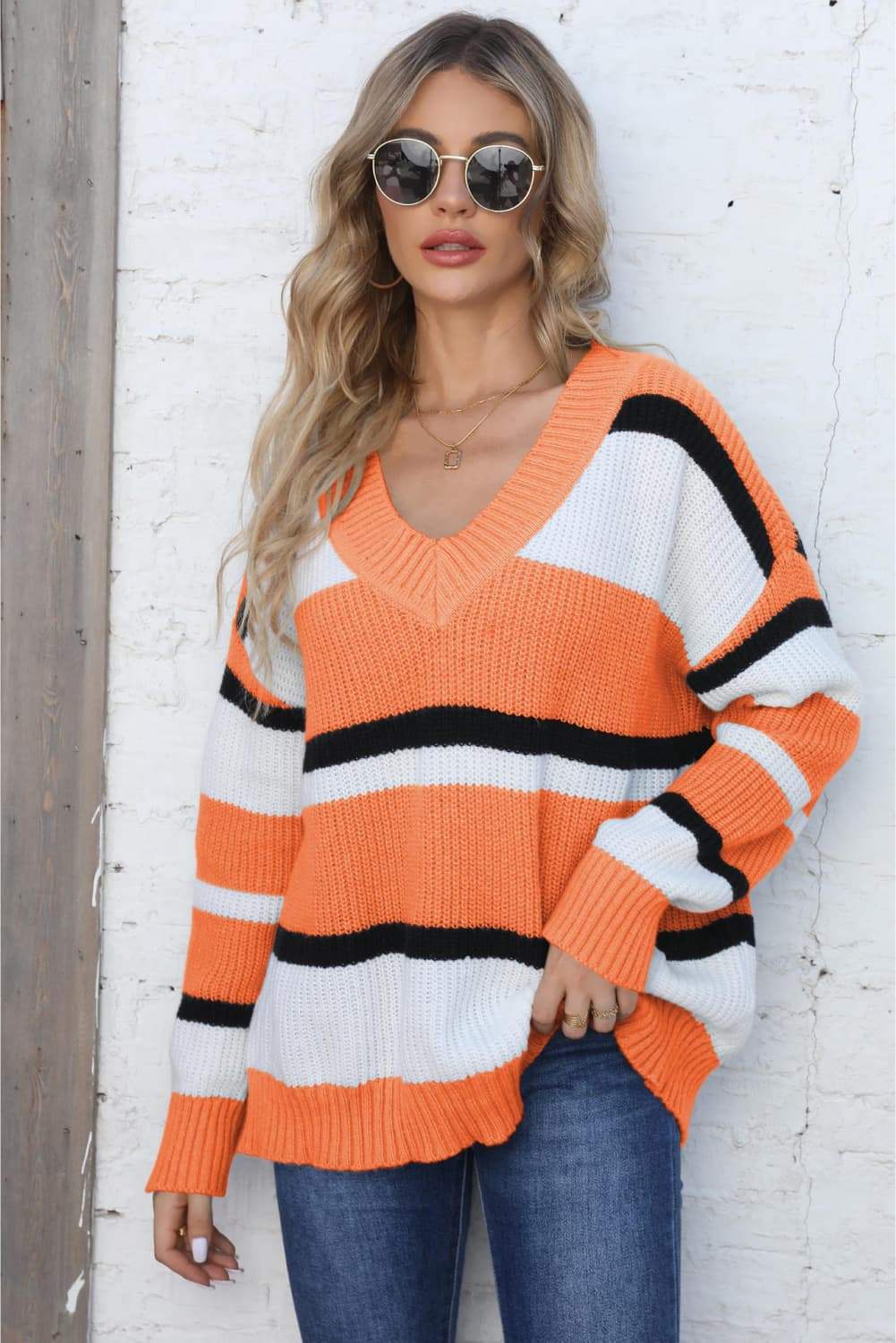Color Block V-Neck Dropped Shoulder Sweater - Trendsi - Flyclothing LLC
