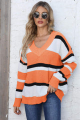Color Block V-Neck Dropped Shoulder Sweater - Trendsi - Flyclothing LLC