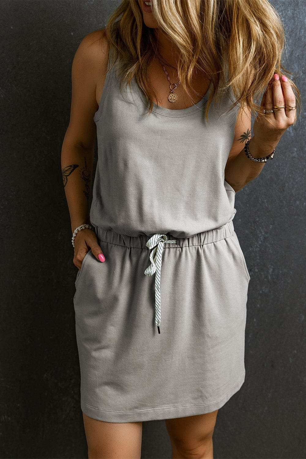 Drawstring Scoop Neck Mini Dress - Trendsi - Flyclothing LLC