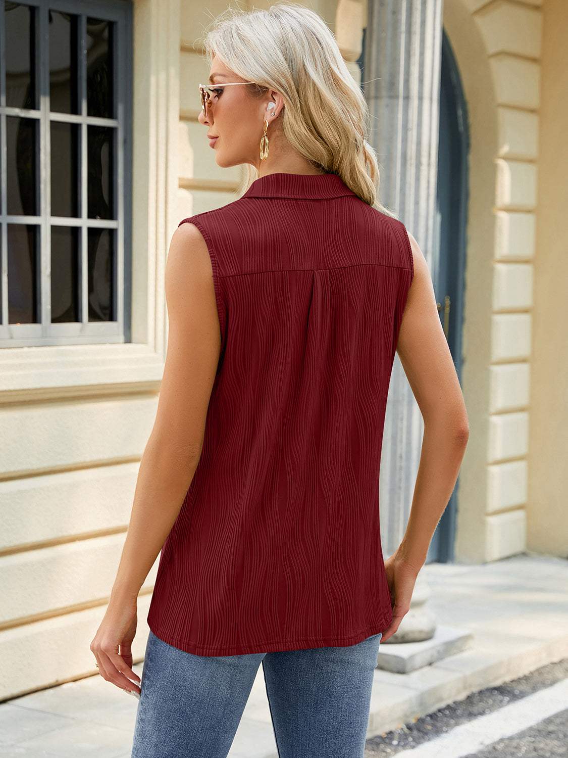 Textured Johnny Collar Tank - Trendsi - Flyclothing LLC