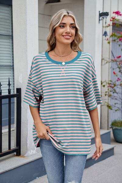 Contrast Striped Round Neck Half Sleeve T-Shirt - Trendsi - Flyclothing LLC