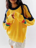 Waffle-Knit Contrast Round Neck Sweater - Trendsi