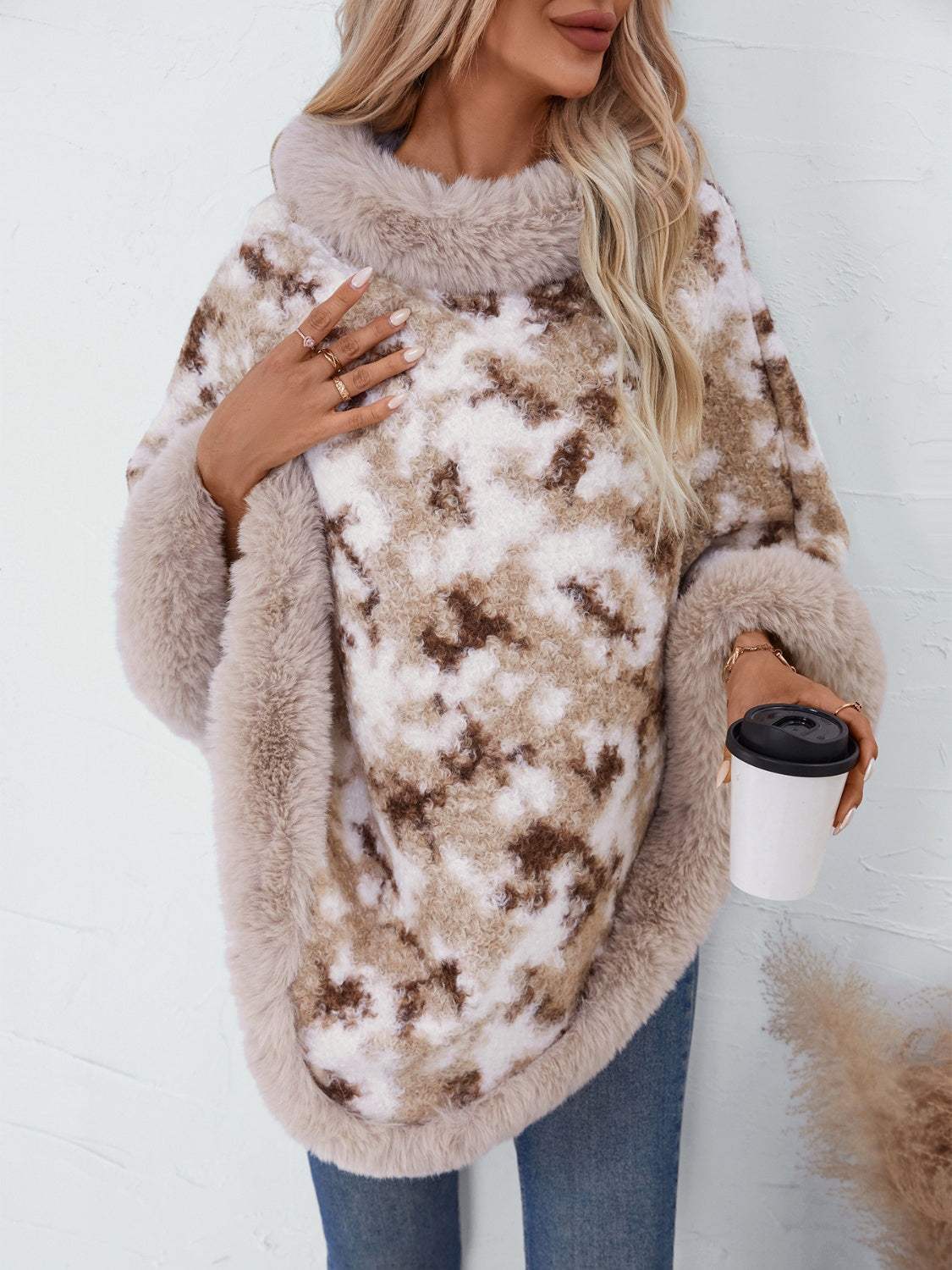 Furry Contrast Three-Quarter Poncho - Trendsi - Flyclothing LLC