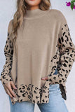 Slit Leopard Mock Neck Dropped Shoulder Sweater - Trendsi - Flyclothing LLC