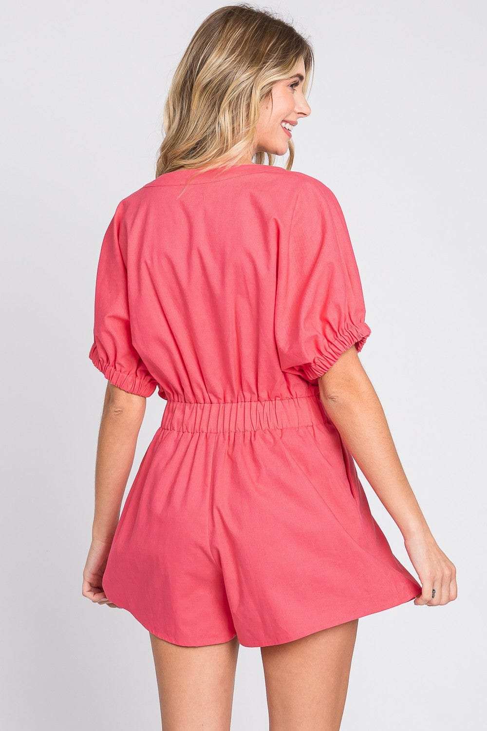 GeeGee Half Button V-Neck Linen Romper - Trendsi - Flyclothing LLC