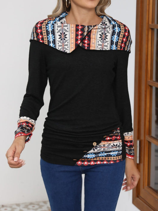 Printed Collared Neck Long Sleeve Blouse - Trendsi