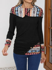 Printed Collared Neck Long Sleeve Blouse - Trendsi