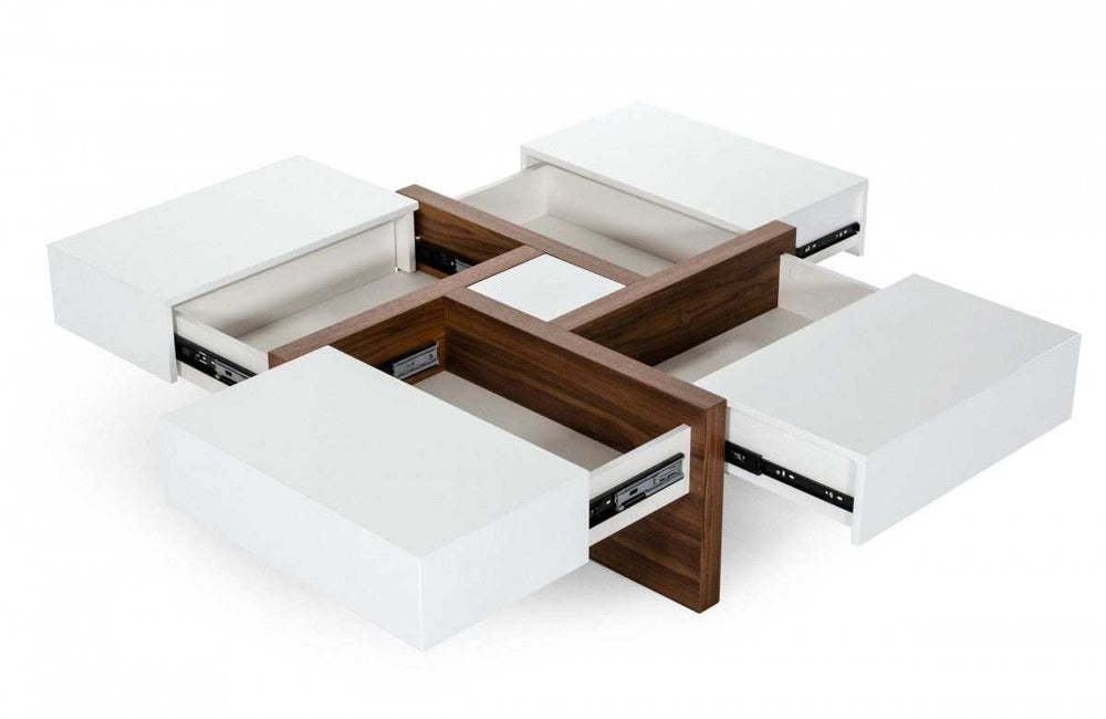 Modern White and Walnut Square Coffee Table with Storage - Homeroots - Flyclothing LLC